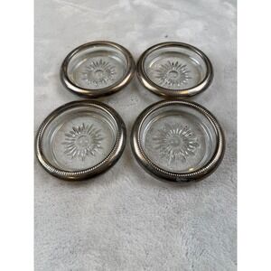 Set of 4 Leonard Silverplate Glass Coasters Made in Italy‎ Starburst Design